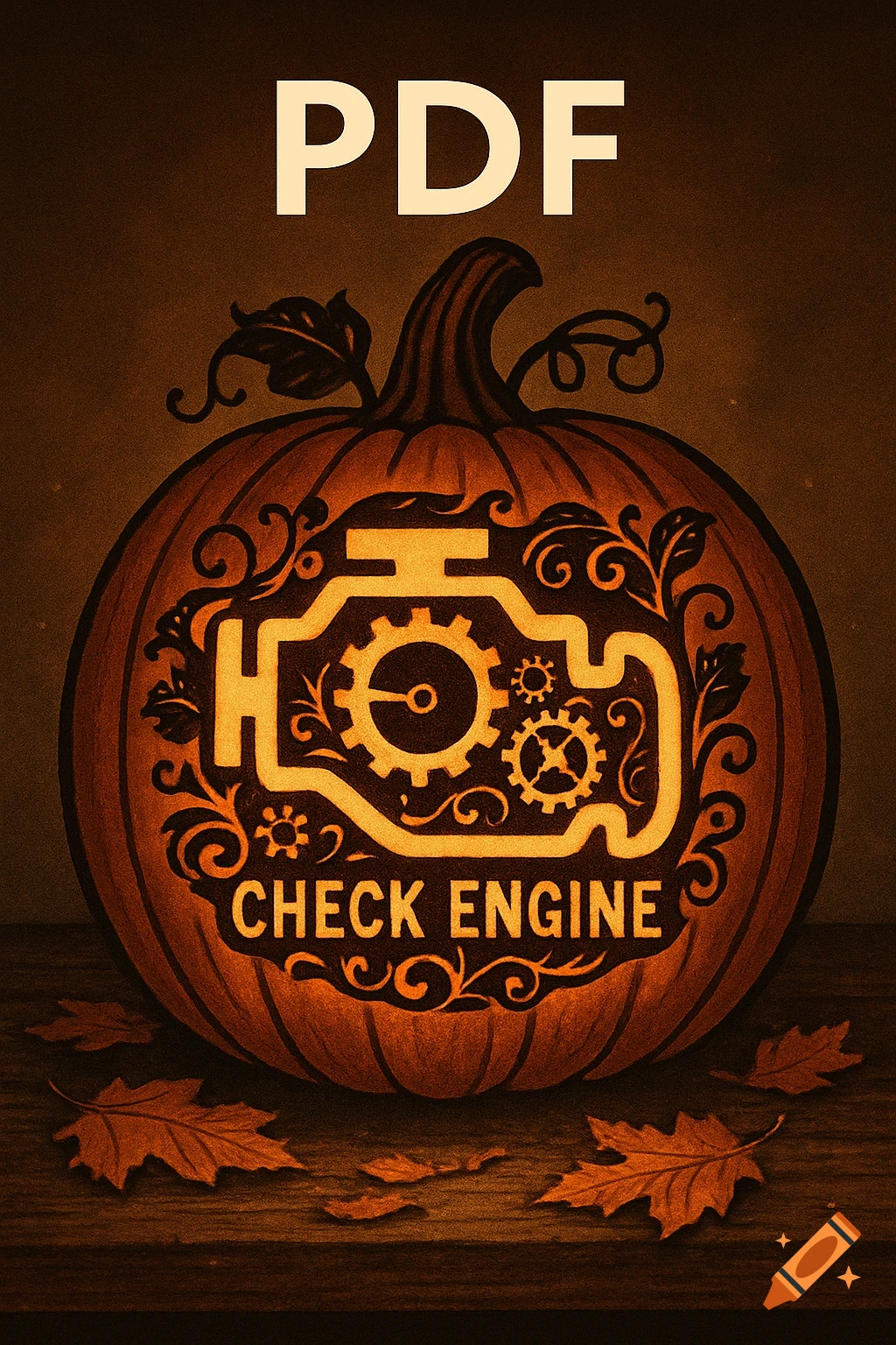 An illustrated pumpkin with a glowing 'CHECK ENGINE' symbol and text, plus 'PDF' text above, on a wooden surface with autumn leaves.