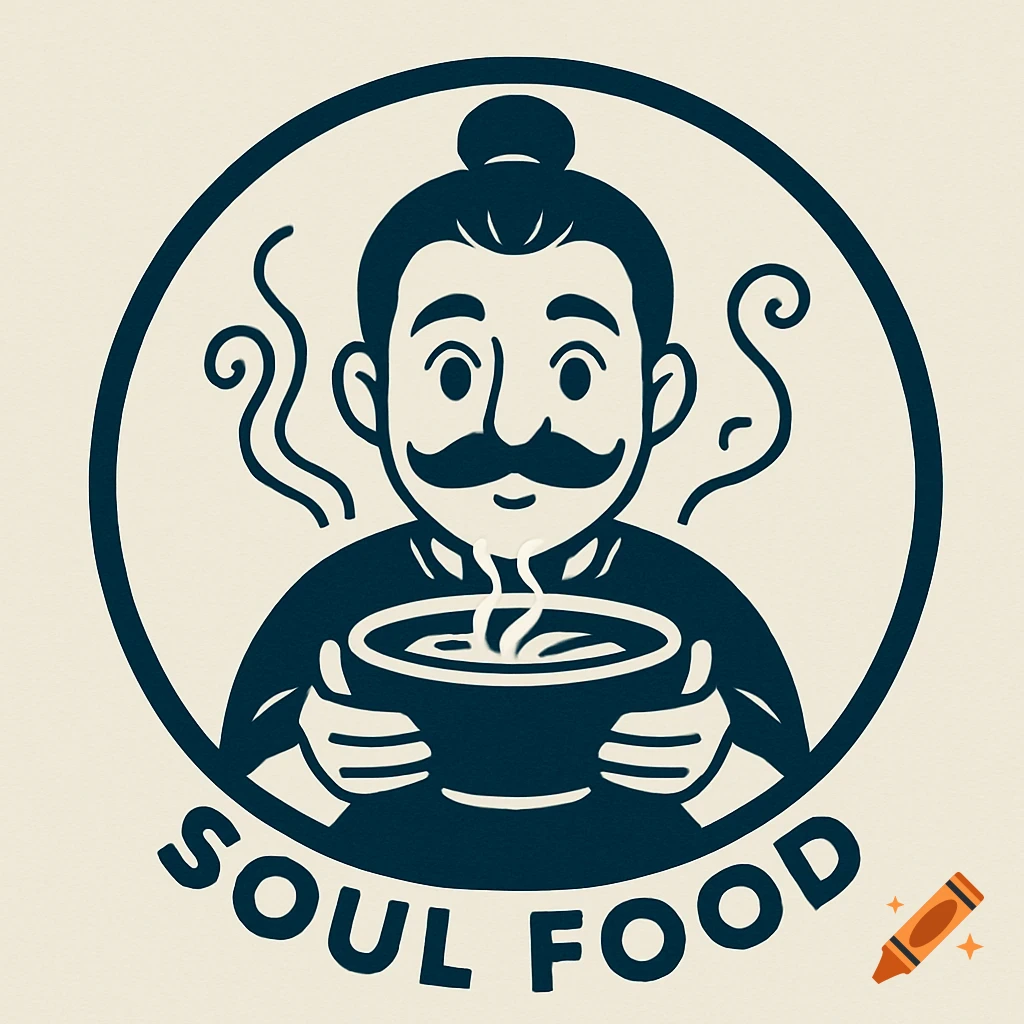 A circular logo featuring a stylized man with a top bun and mustache holding a steaming bowl, with "SOUL FOOD" text below.