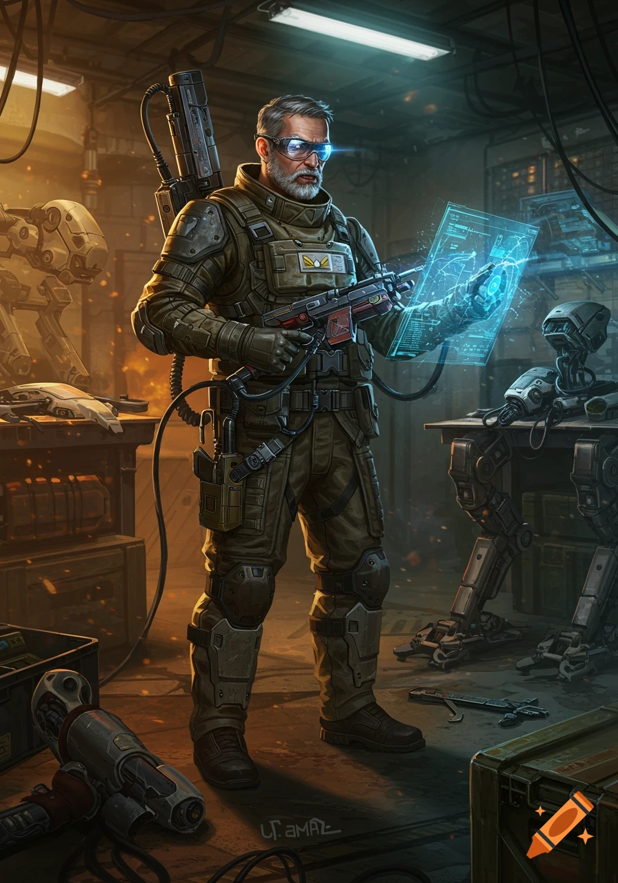 Bearded man in futuristic combat gear and goggles holds a gun and glowing holographic screen in a cluttered sci-fi workshop with robots.