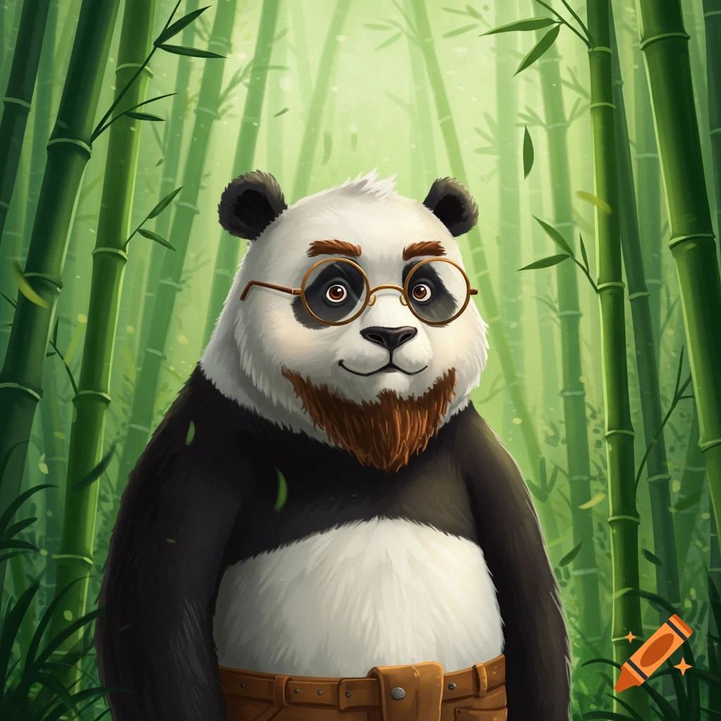 A cartoon panda with a reddish-brown beard and round glasses, standing in a bamboo forest.