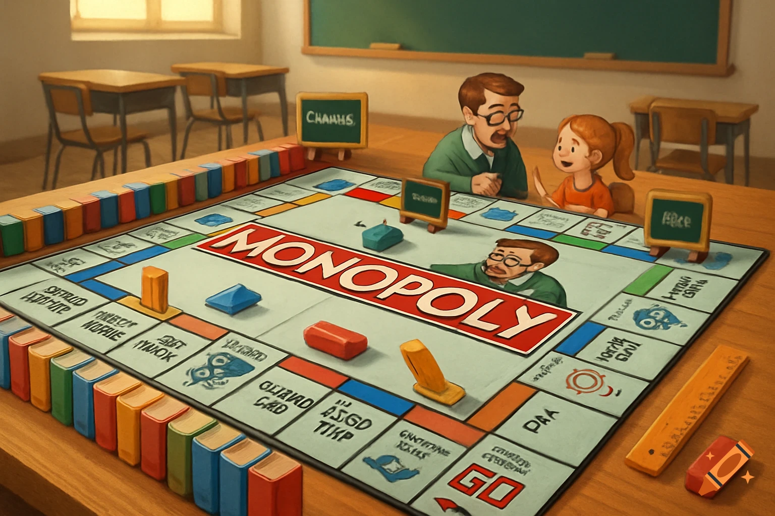 A cartoon illustration of a man and a girl playing a Monopoly board game in a classroom.