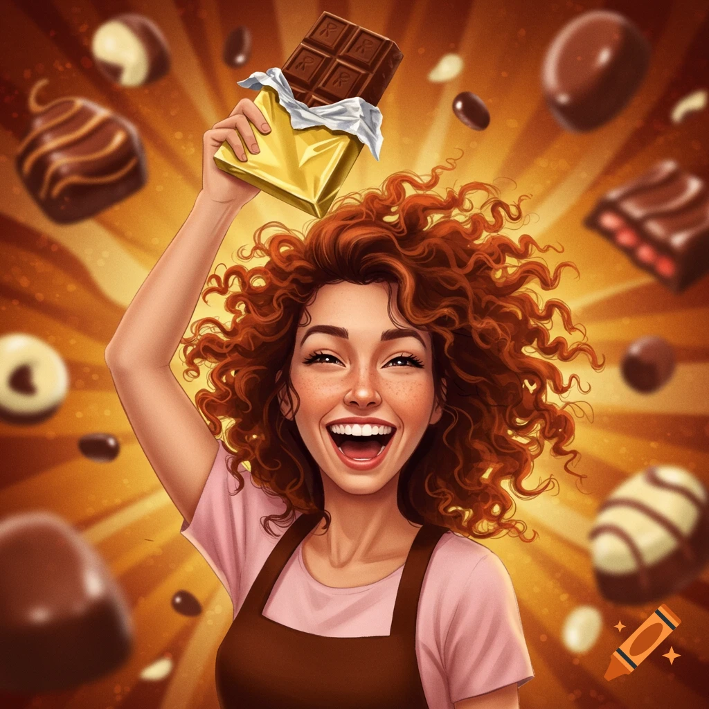 A joyful, red-haired woman with freckles holds a chocolate bar high, smiling amidst floating chocolates. Illustrated.