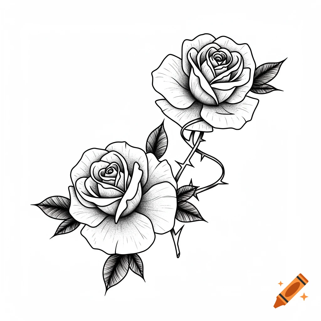 Two black and white roses with thorns in a detailed tattoo line art style.