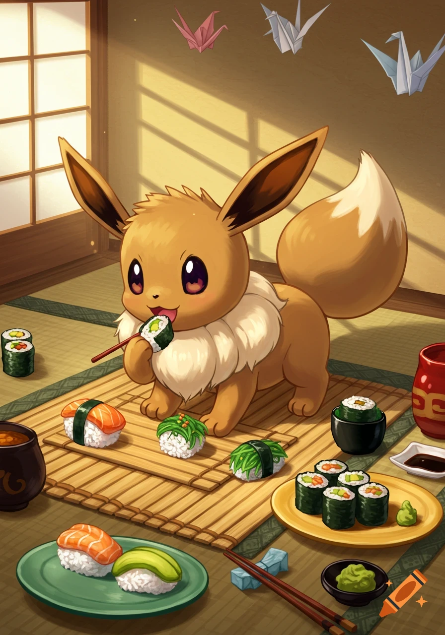 An anime illustration of Eevee eating sushi with chopsticks in a Japanese-style room with tatami mats and origami cranes.