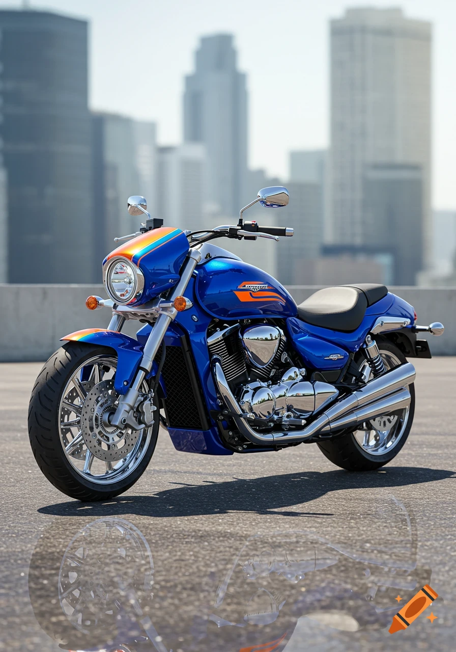 A blue Suzuki Boulevard M109R motorcycle with orange rally stripes parked on pavement, with a city skyline in the blurred background.