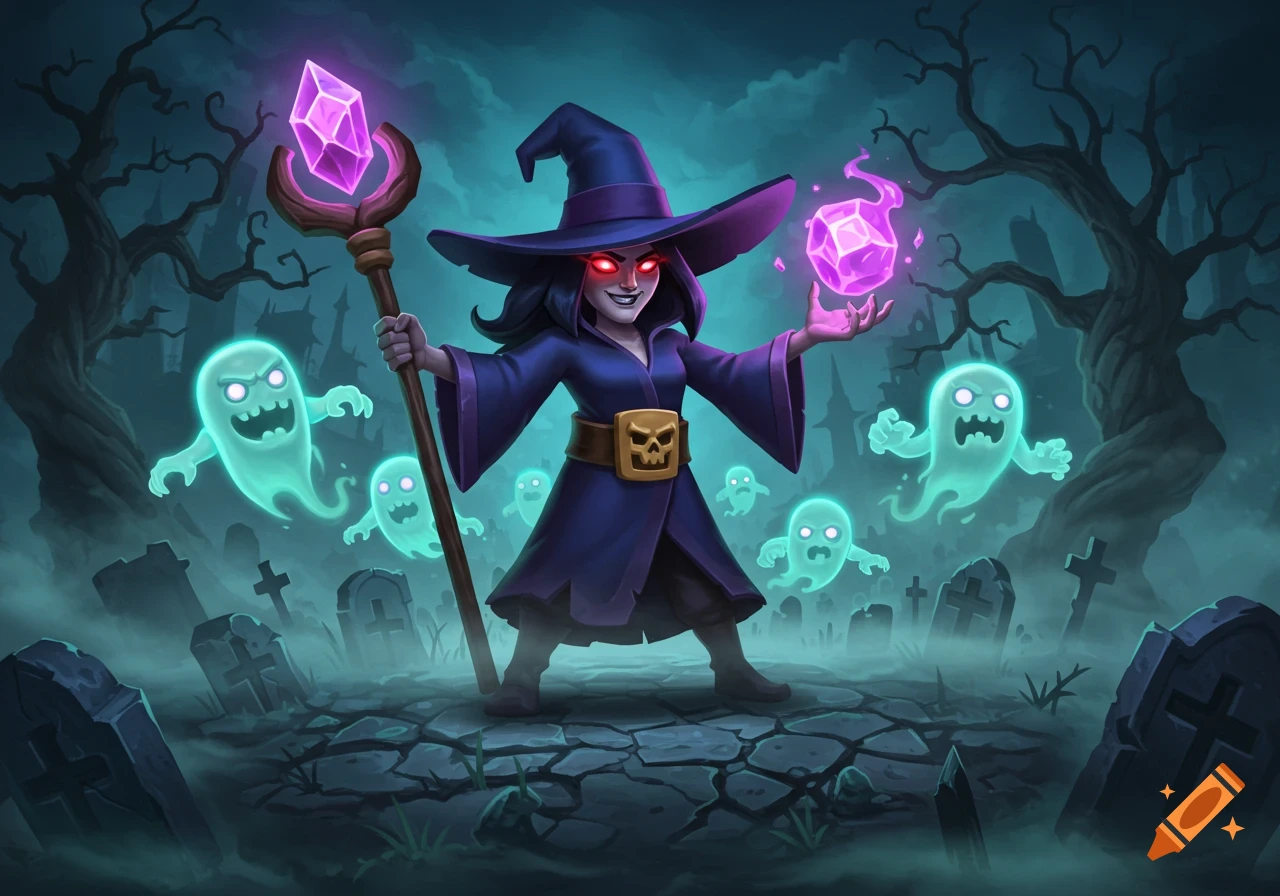 A cartoon witch with glowing red eyes and a staff, summoning ghosts in a spooky graveyard at night.