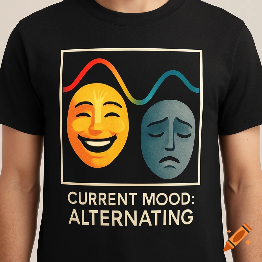 Close-up of a person wearing a black t-shirt featuring a graphic of a happy yellow face, a sad blue face, and the text 'CURRENT MOOD: ALTERNATING'.