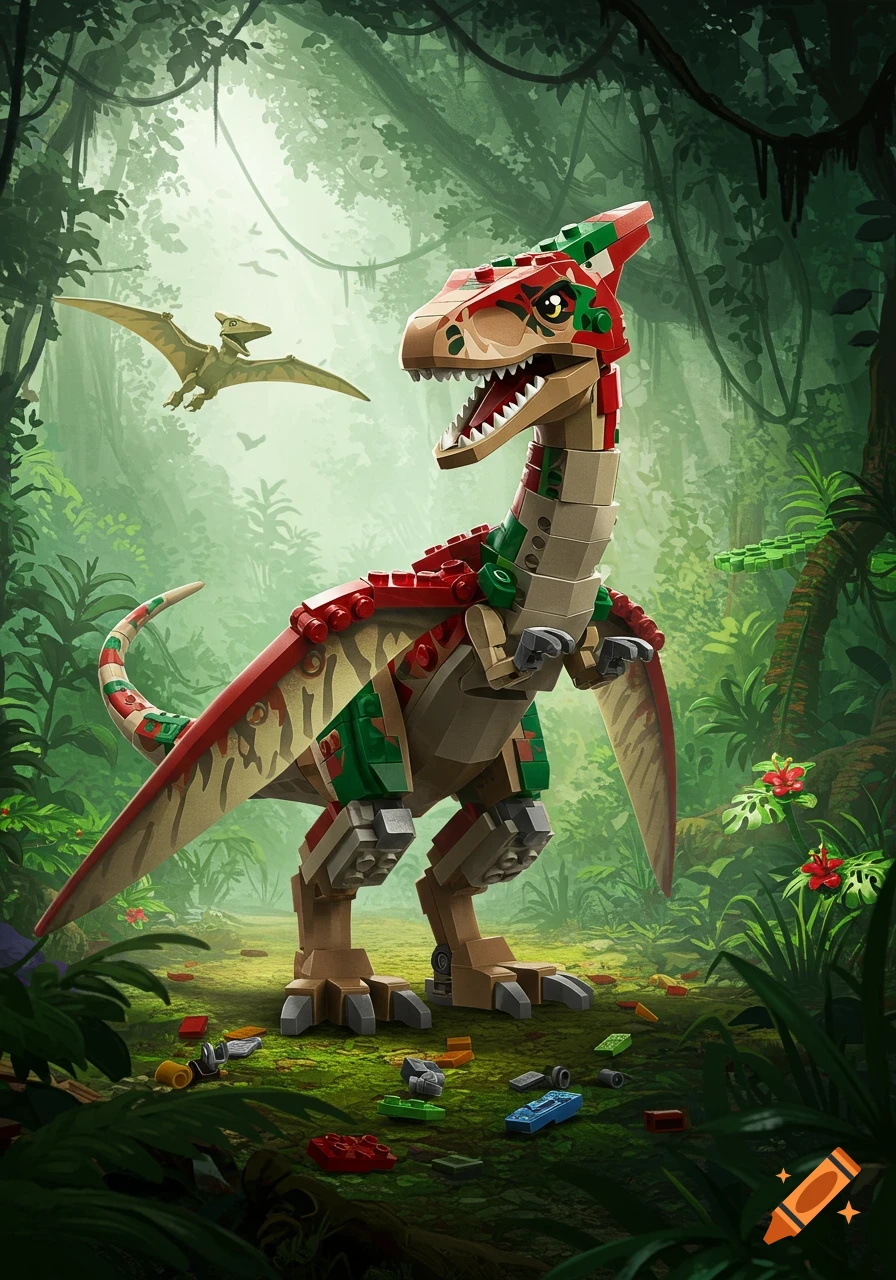 A red and green Lego dinosaur hybrid stands in a lush jungle with a Pterodactyl flying in the background.