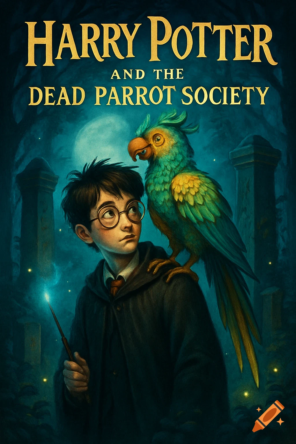 Book cover art: Young Harry Potter with a glowing wand and a green parrot on his shoulder, title: "Harry Potter and the Dead Parrot Society".