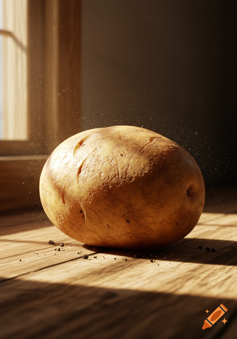 A photorealistic potato sits on a wooden table, illuminated by a beam of sunlight with visible dust particles in the air.