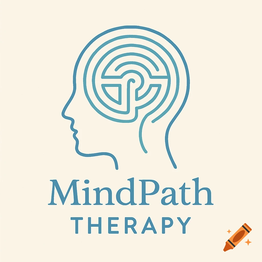A minimalist logo with a blue human head outline containing a maze and the text 'MindPath THERAPY'.