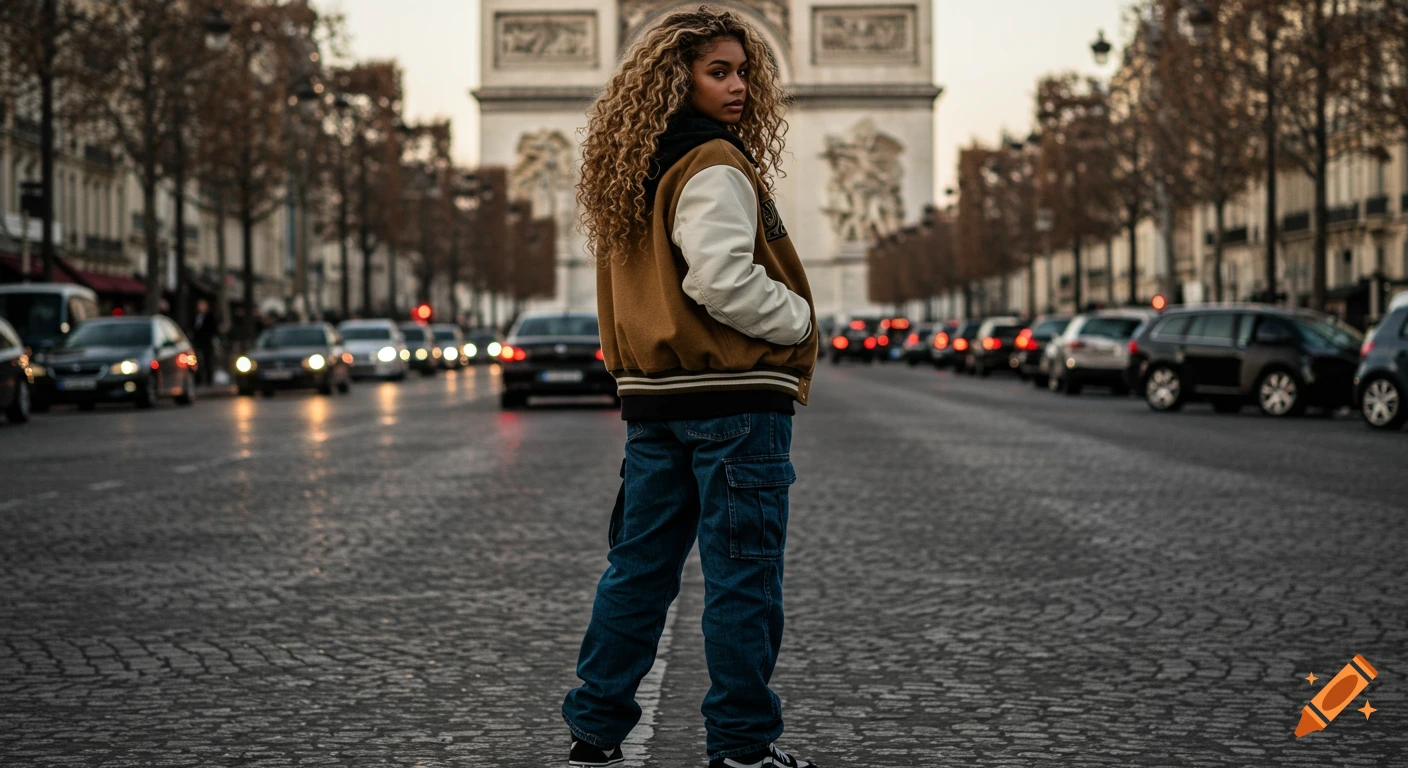 A young woman with curly hair in a varsity jacket and cargo jeans stands on a cobblestone street in Paris, with the Arc de Triomphe in the background.
