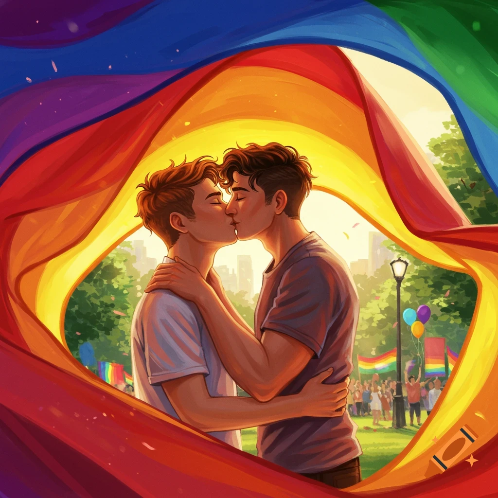 Colorful illustration of two men kissing, framed by a rainbow flag with a joyful crowd in a park background.