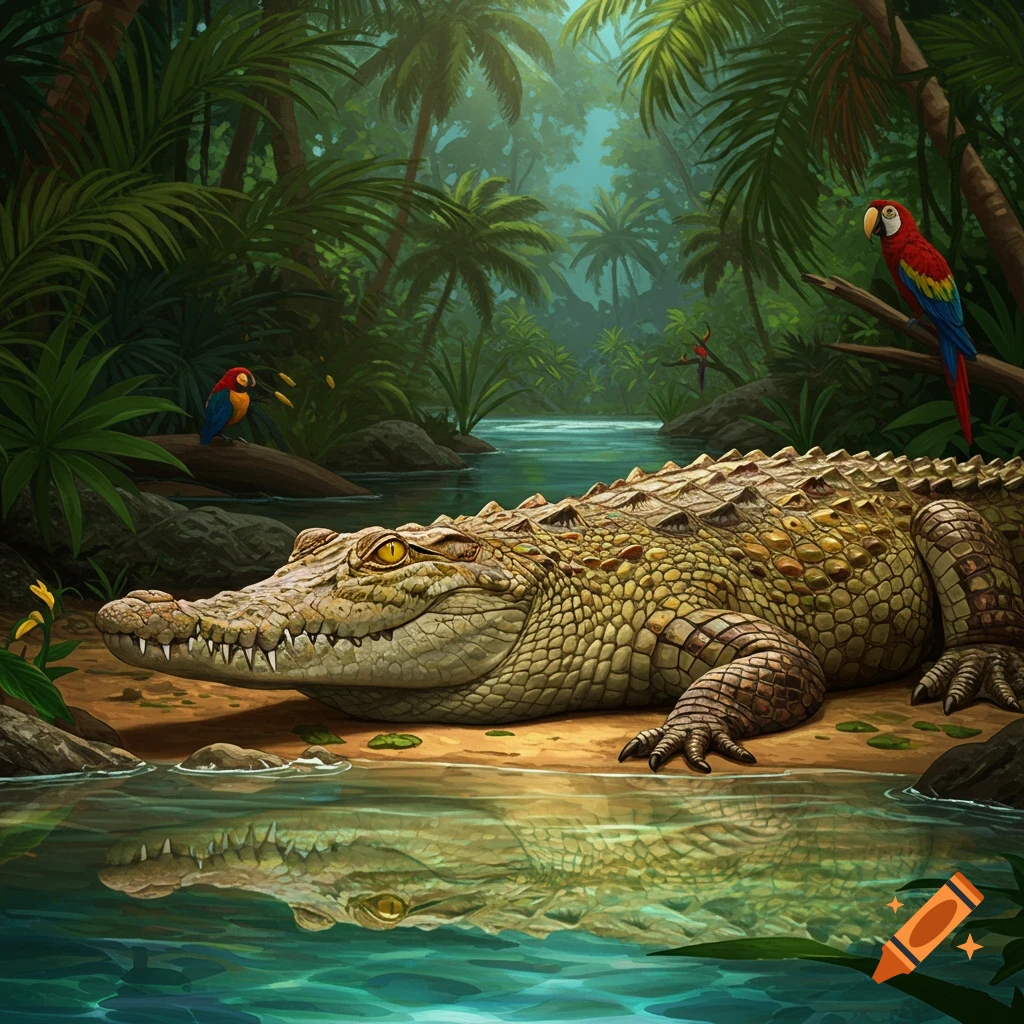 A detailed illustration of a large crocodile resting on a riverbank in a lush tropical jungle, with colorful parrots.