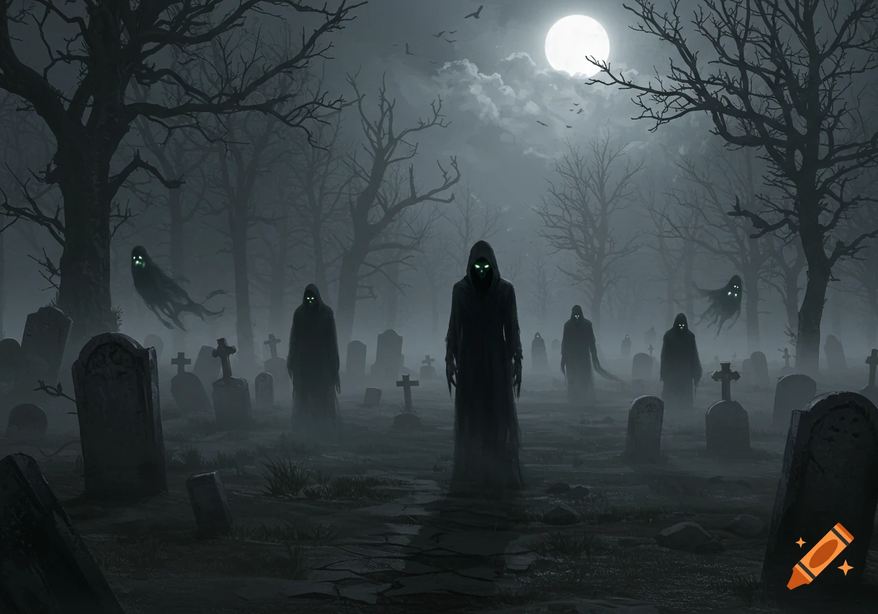 Dark fantasy art of hooded figures and glowing ghosts in a foggy graveyard under a full moon.