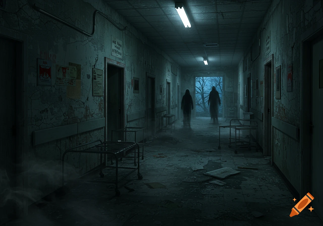 Dark, dilapidated hospital hallway with two shadowy figures, eerie lighting, and debris on the floor, evoking a horror atmosphere.
