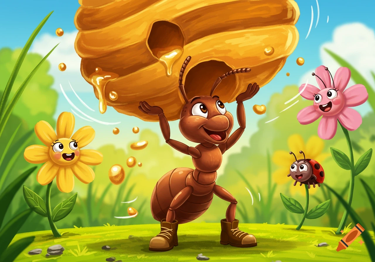 A cheerful cartoon ant lifts a beehive dripping honey in a bright green field with smiling flowers and a ladybug.