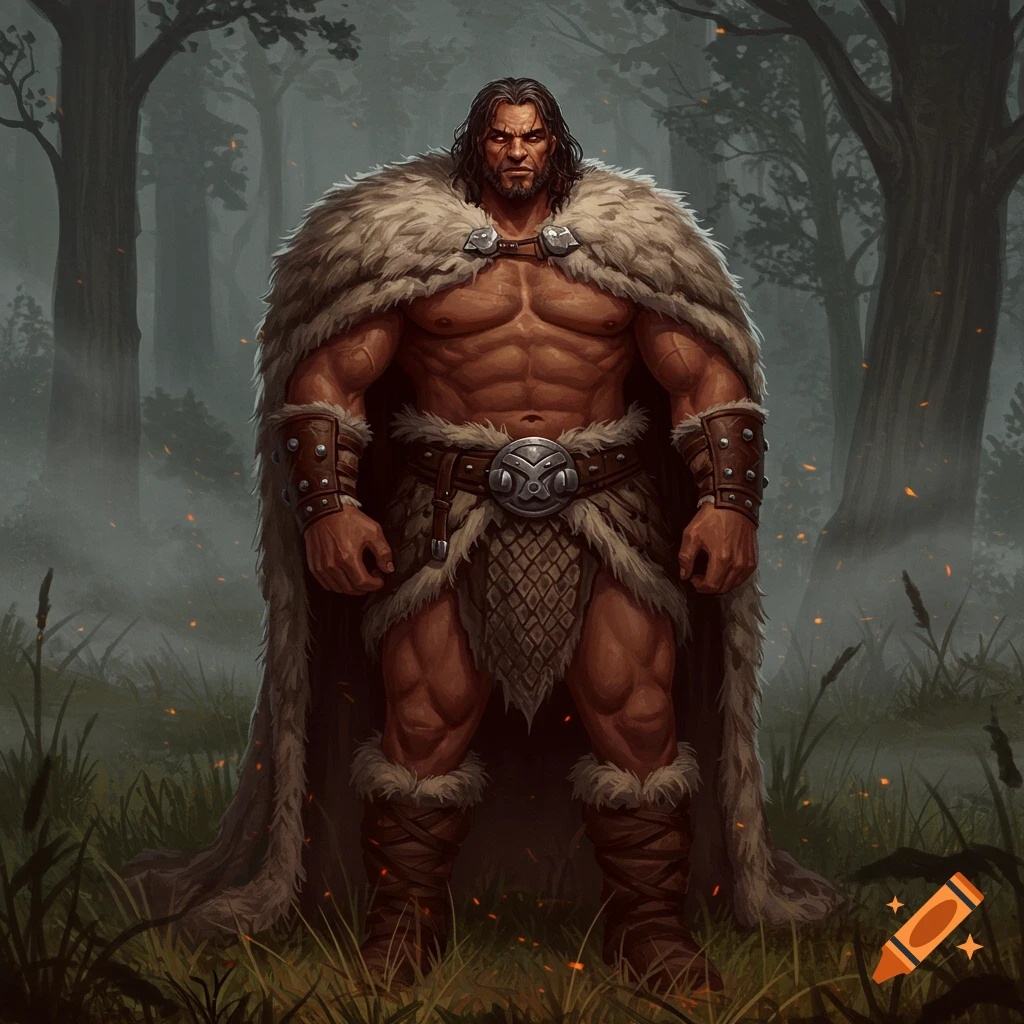 A muscular, dark-haired barbarian warrior wearing fur and leather armor stands in a misty forest, fantasy art.