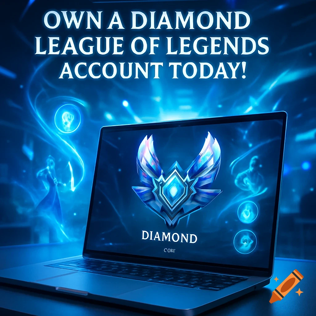 Laptop displaying a League of Legends Diamond rank emblem and text 'OWN A DIAMOND LEAGUE OF LEGENDS ACCOUNT TODAY!' with glowing blue background.