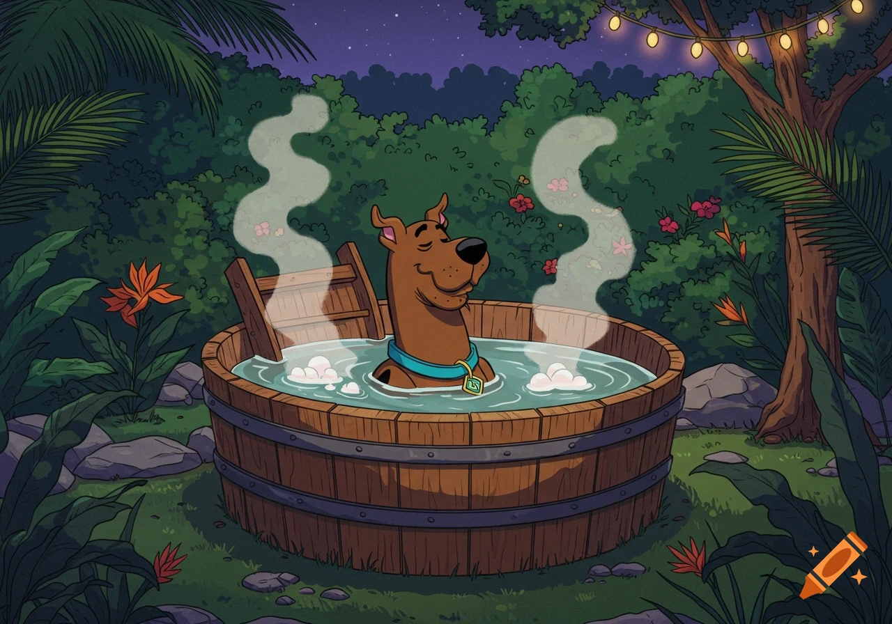 Cartoon Scooby-Doo relaxing in a steaming wooden hot tub outdoors at night, surrounded by lush tropical plants and string lights.