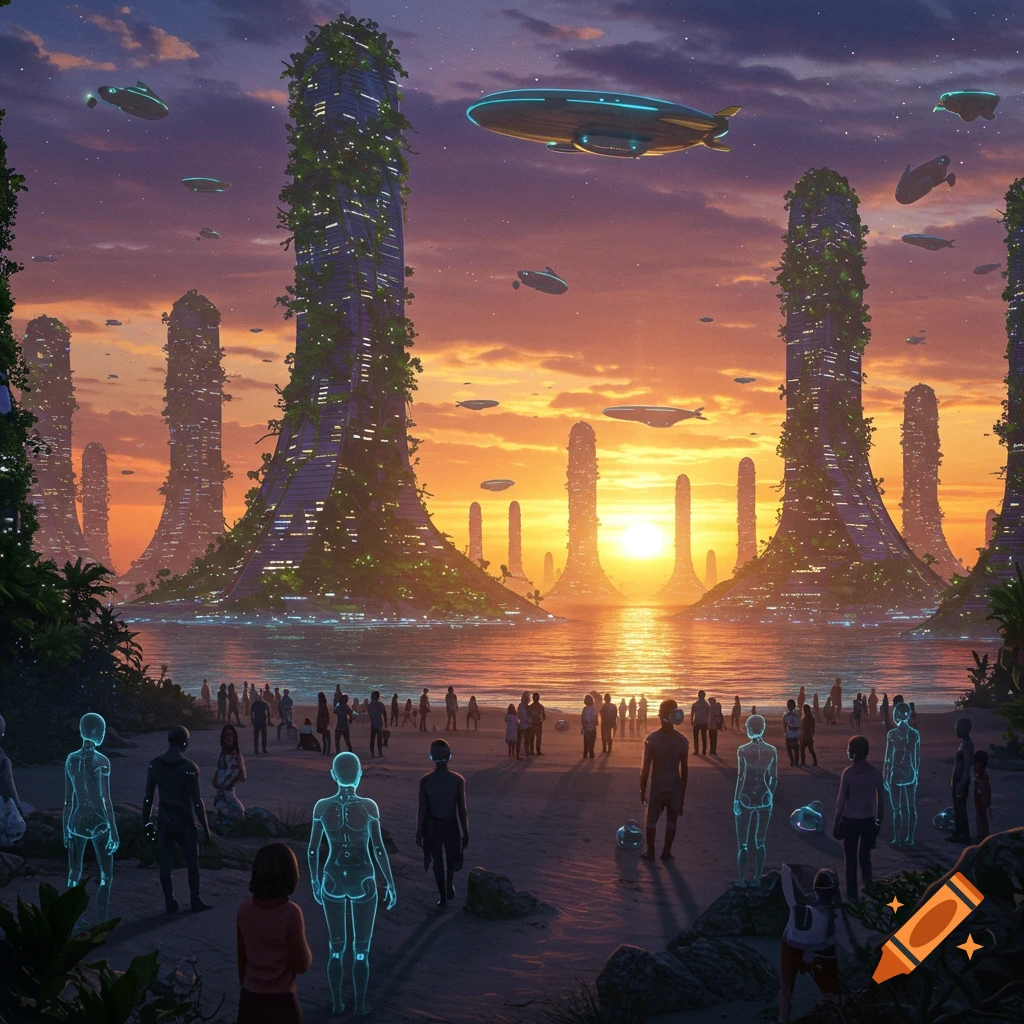 Futuristic city with towering, vine-covered buildings and flying vehicles at sunset, with people and glowing figures on a beach.
