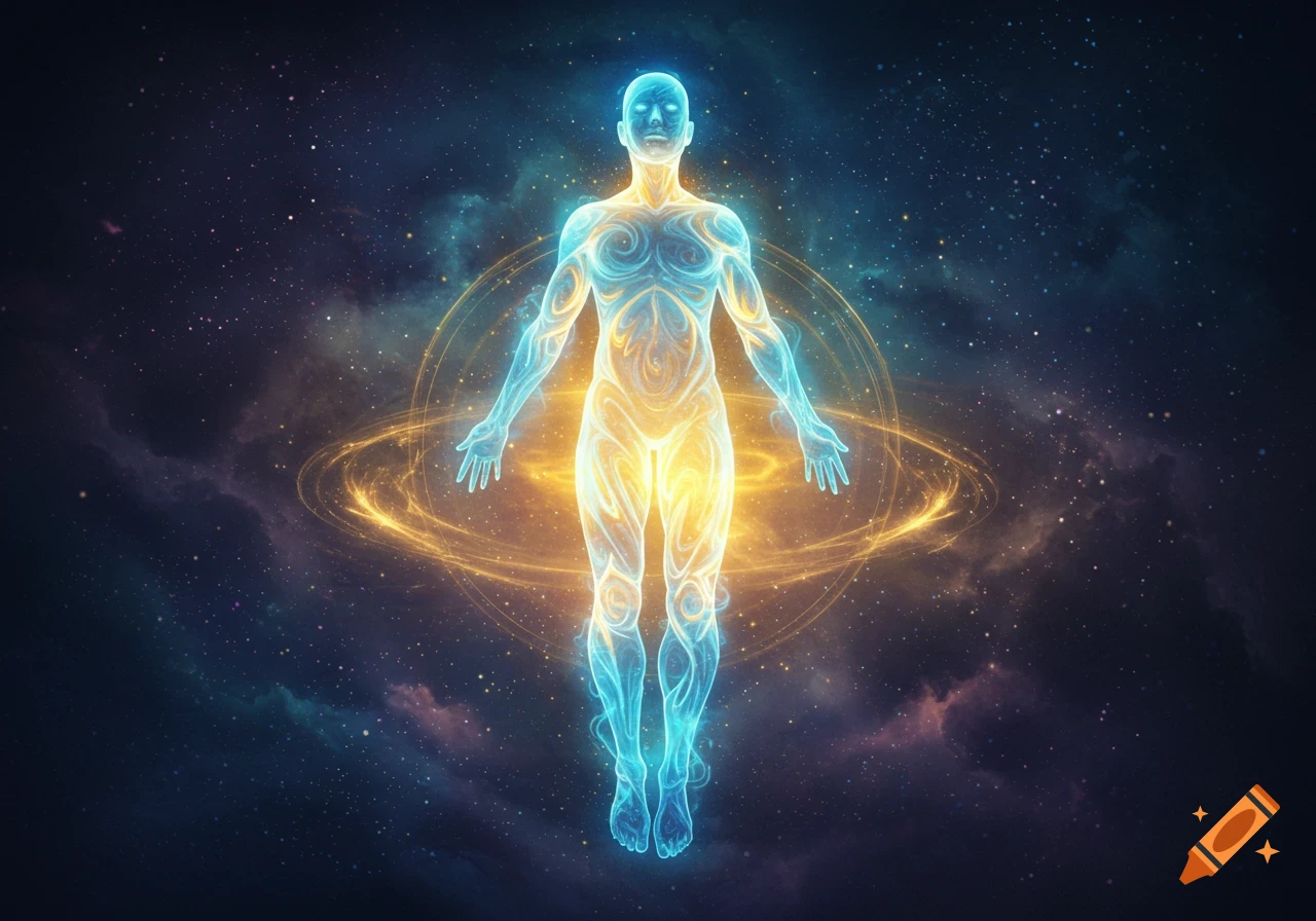 A luminous, stylized human energy form, glowing blue and gold, floats amidst a starry nebula with swirling golden rings.