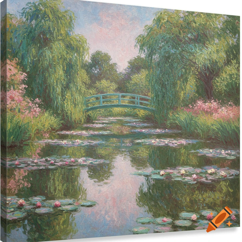 Impressionistic painting of a green arched bridge over a lily pond, surrounded by lush trees and pink flowers.