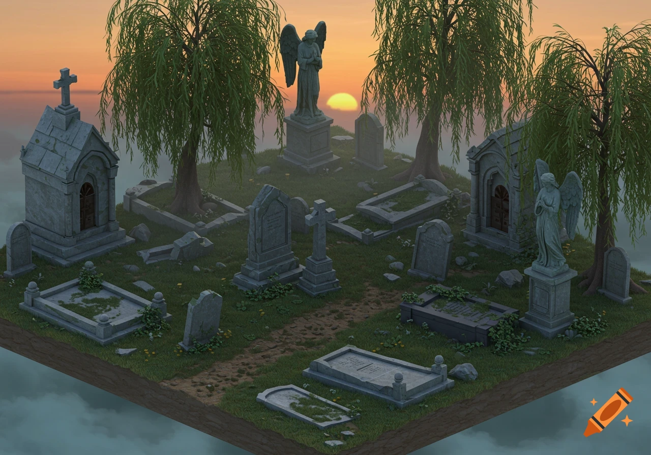 Isometric view of a realistic graveyard at sunset, featuring tombstones, crypts, angel statues, and willow trees.