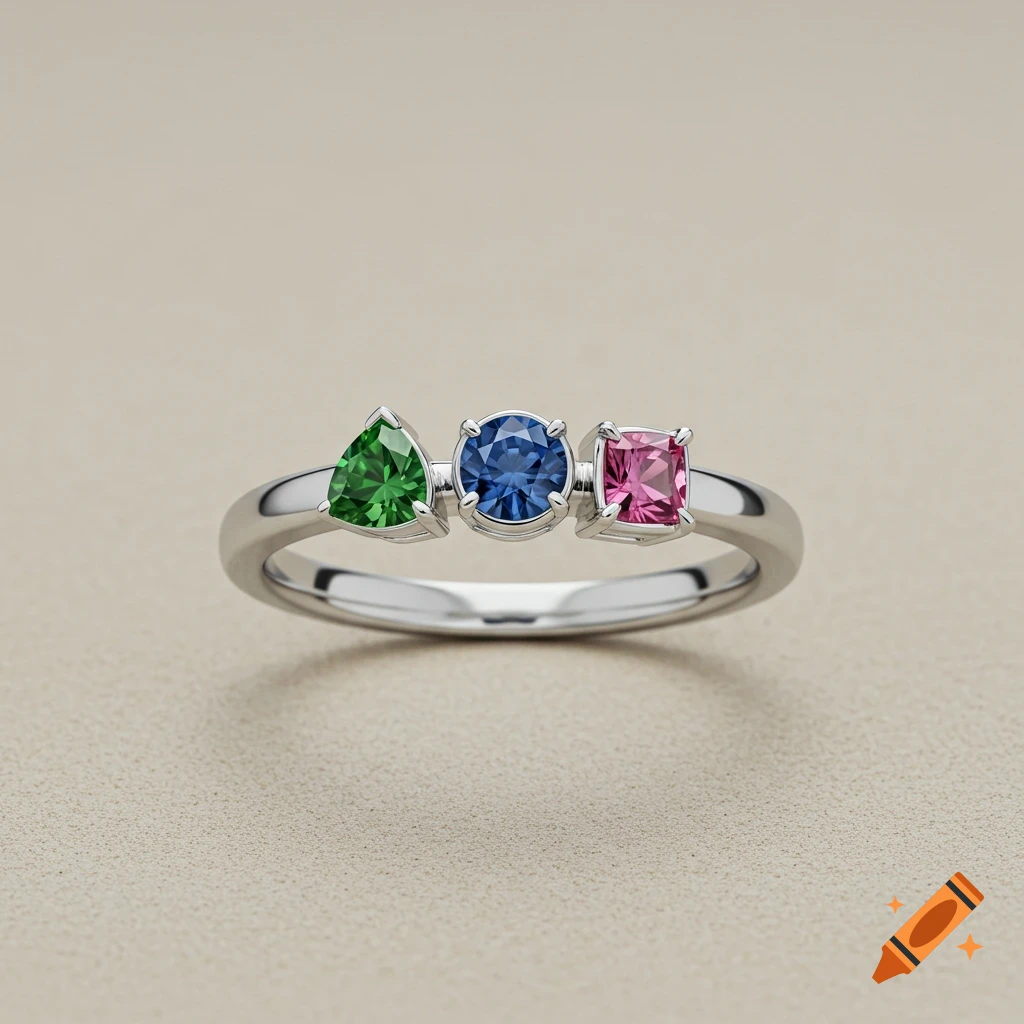 A platinum ring features a triangular green sapphire, a circular blue sapphire, and a square pink sapphire, all bezel set.