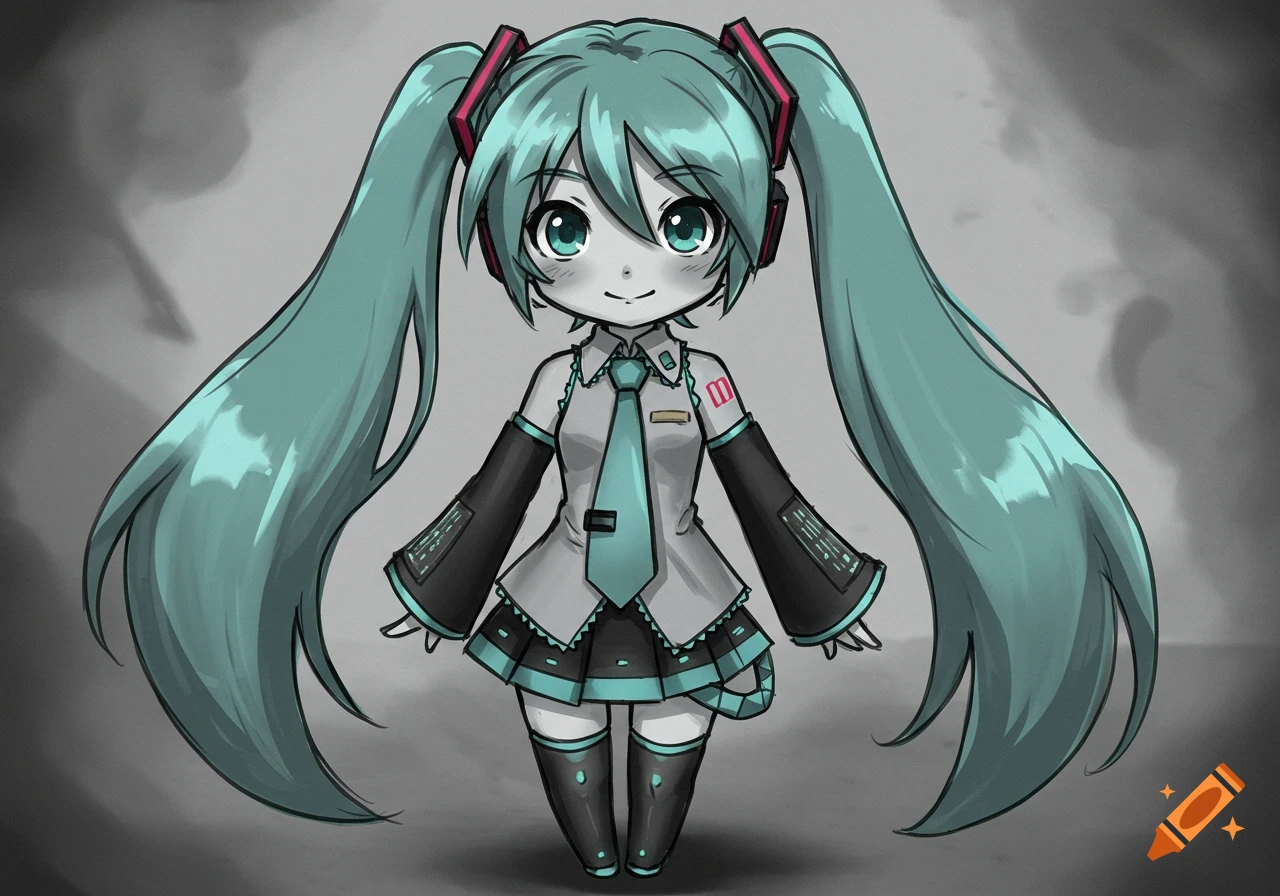 A sketchy chibi anime drawing of Hatsune Miku with long teal pigtails, a gray shirt, and a teal tie on a gray background.