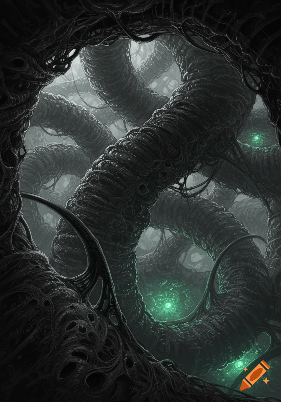 A dark, intricate biomechanical labyrinth of twisting organic tubes with glowing green lights amidst mist.