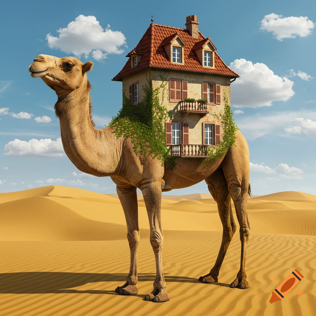 A photorealistic camel with a small, multi-story house on its back stands in a desert with dunes under a blue sky.