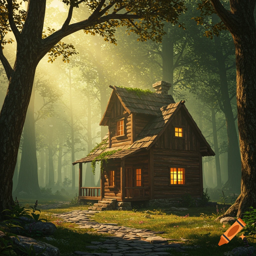 A rustic wooden cabin in a sunny forest with a stone path leading to its porch.