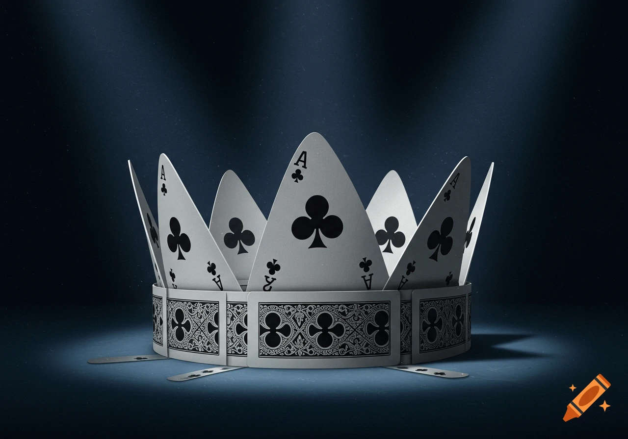 A photorealistic crown made from Ace of Clubs playing cards, set against a dark, dramatic background with spotlights.