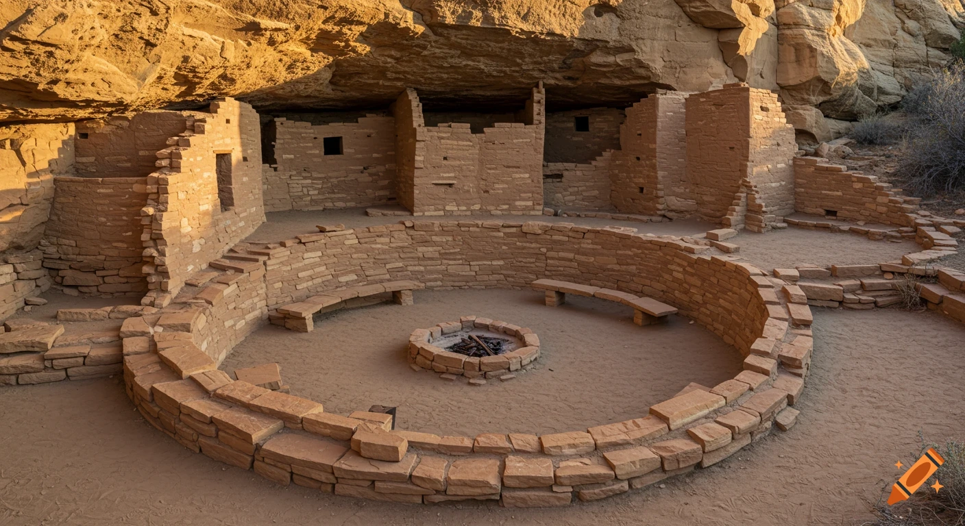 Photorealistic view of an ancient circular stone kiva with a fire pit and benches, built into a sandstone cliff under warm sunlight.