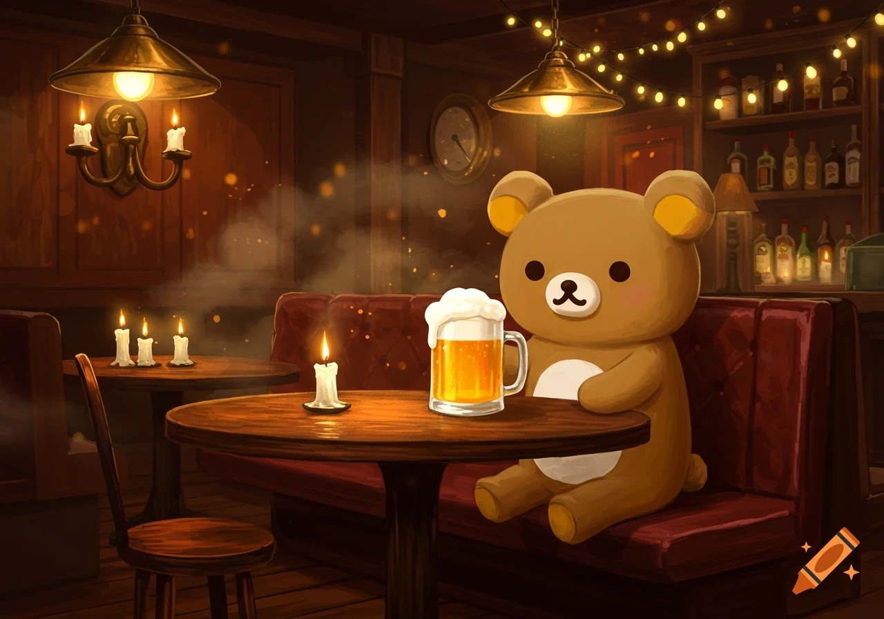 A cute Rilakkuma character sits at a wooden table in a dimly lit bar, holding a frothy mug of beer, with candles and bottles.