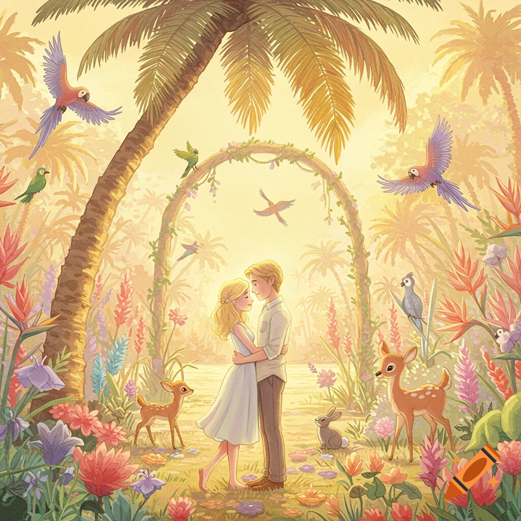 A blonde couple embraces under a palm tree in a pastel Pixar-style magic garden filled with colorful birds, deer, and flowers.