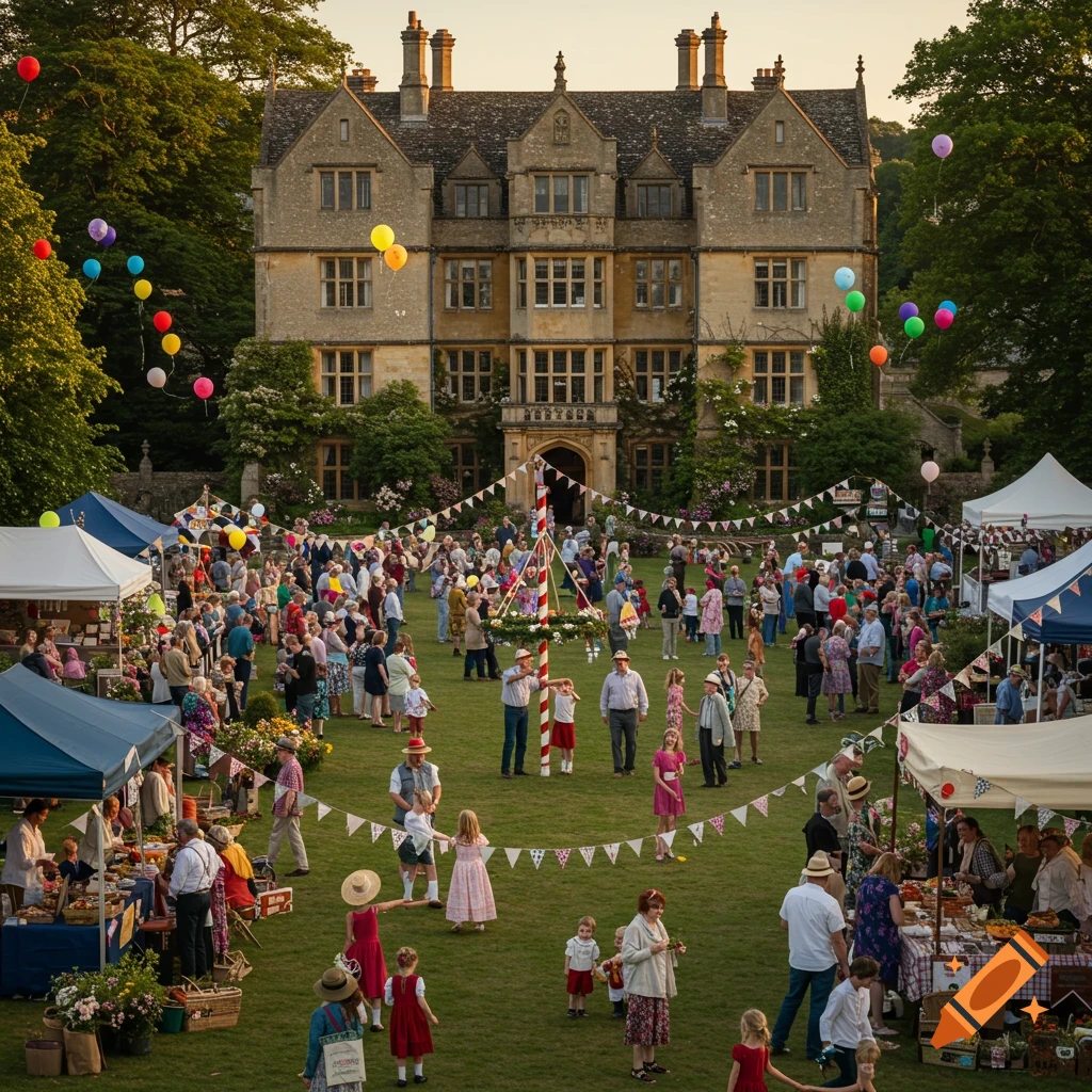 A lively village fete on a sunny day with many people, tents, and balloons on a green lawn in front of a grand country manor. Photorealistic style.