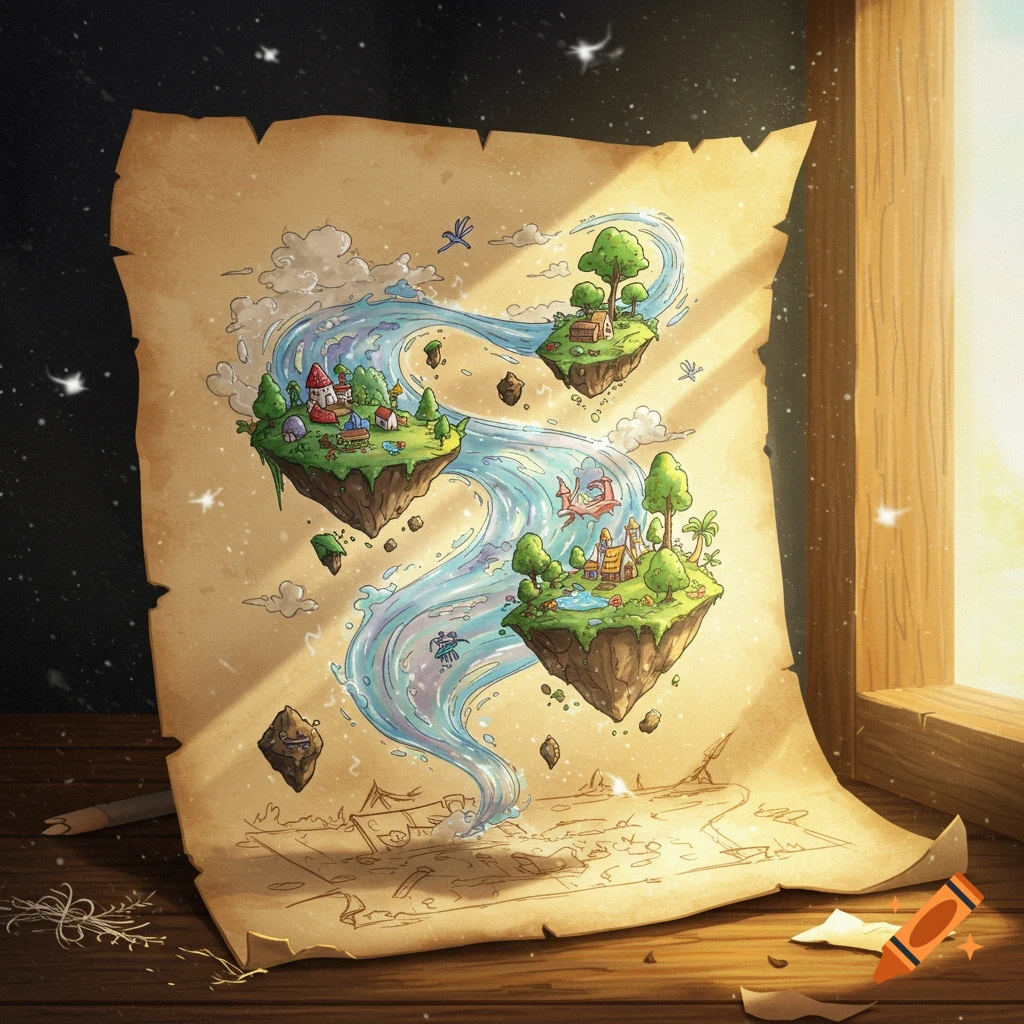 A whimsical illustrated map on old parchment showing floating islands with houses and trees connected by a winding river, on a wooden table.