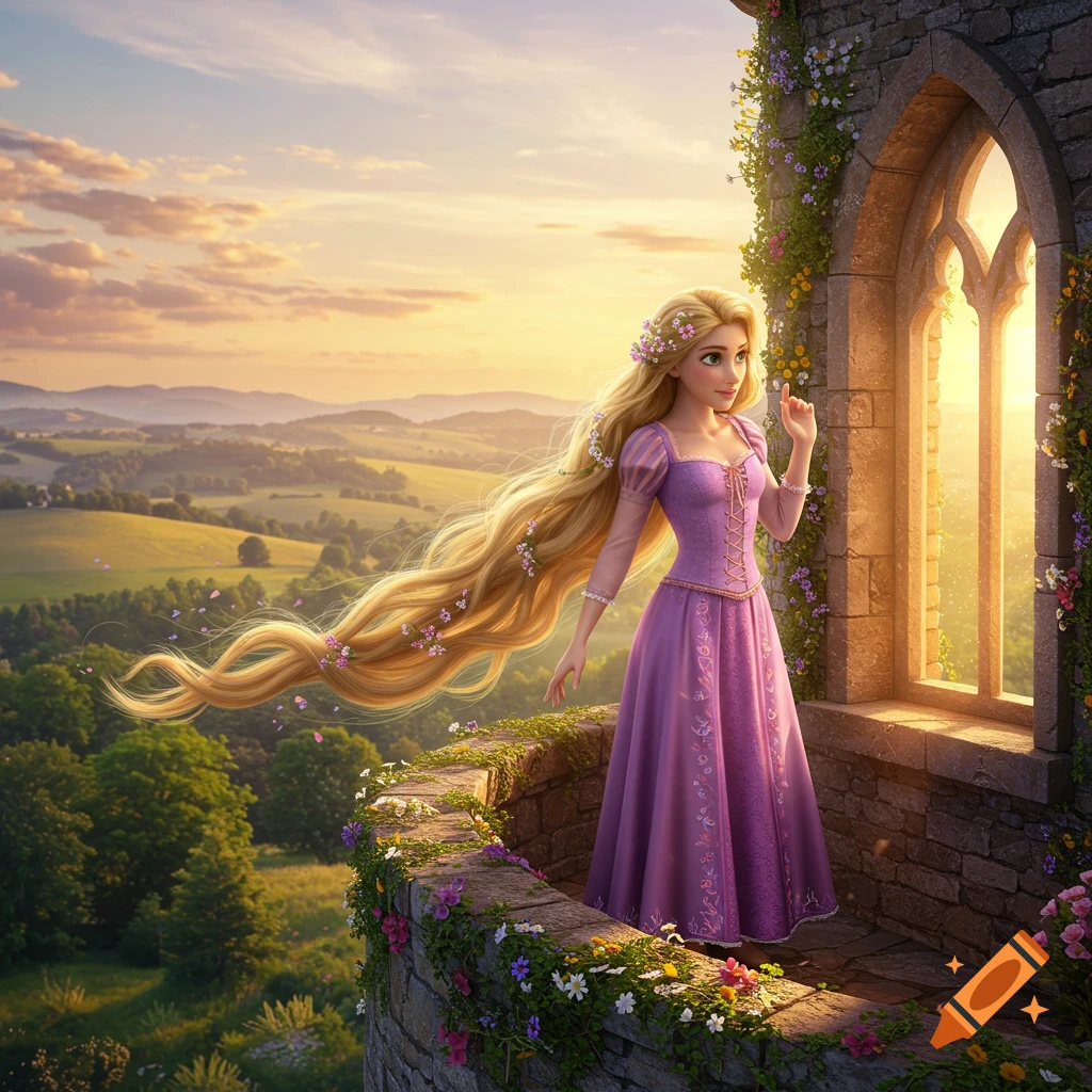 A cartoon princess with long golden hair, adorned with flowers, stands on a stone tower balcony overlooking a vast green valley at sunset.