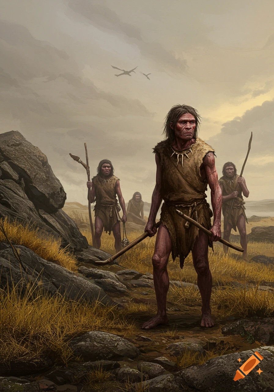 Digital art of early humans in animal skins, holding primitive tools, in a rocky, grassy landscape under a cloudy sky with distant flying creatures.