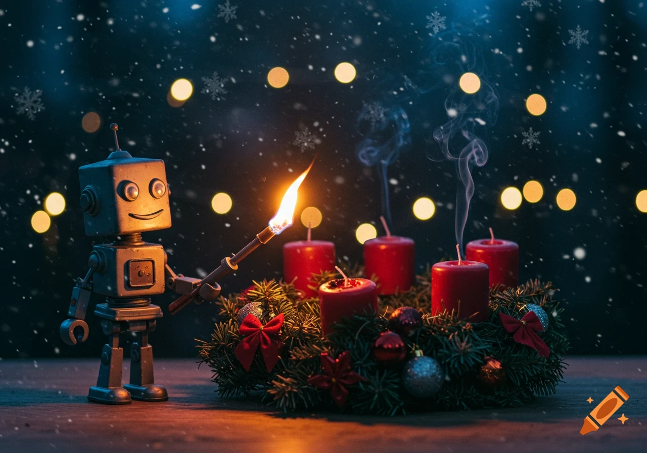 A cute robot holding a torch, lighting an Advent wreath with red candles and decorations, under falling snow and bokeh lights at night.