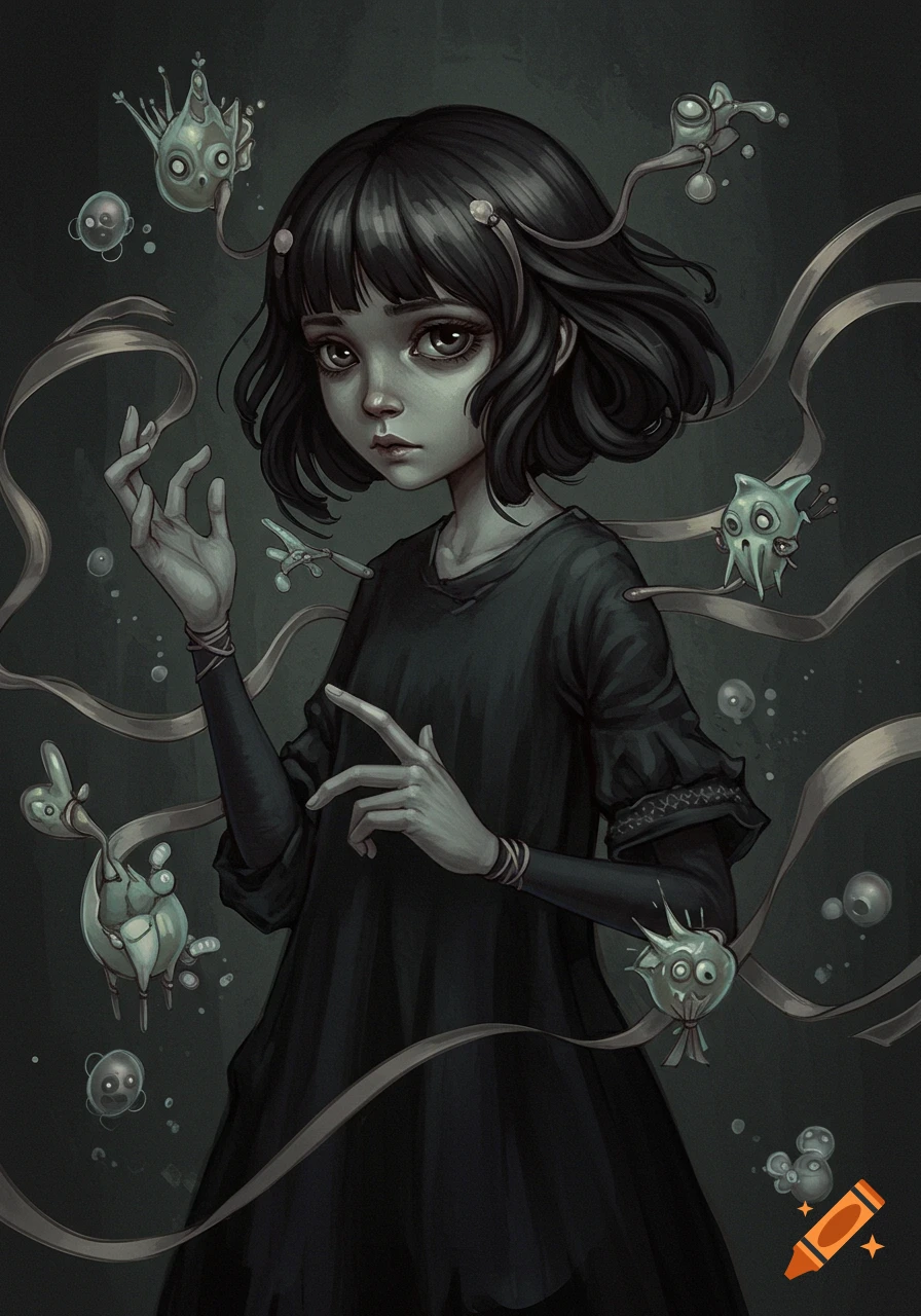 Dark, surreal illustration of a young girl with black hair, dressed in black, with ethereal hands surrounded by ribbons and glowing creatures.