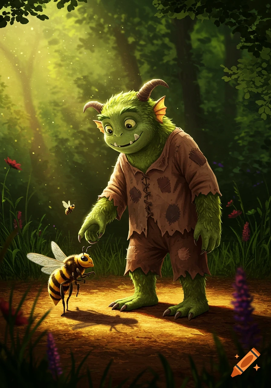 A friendly green monster with horns and tattered clothes gently reaches out to a large bee in a sun-dappled forest.