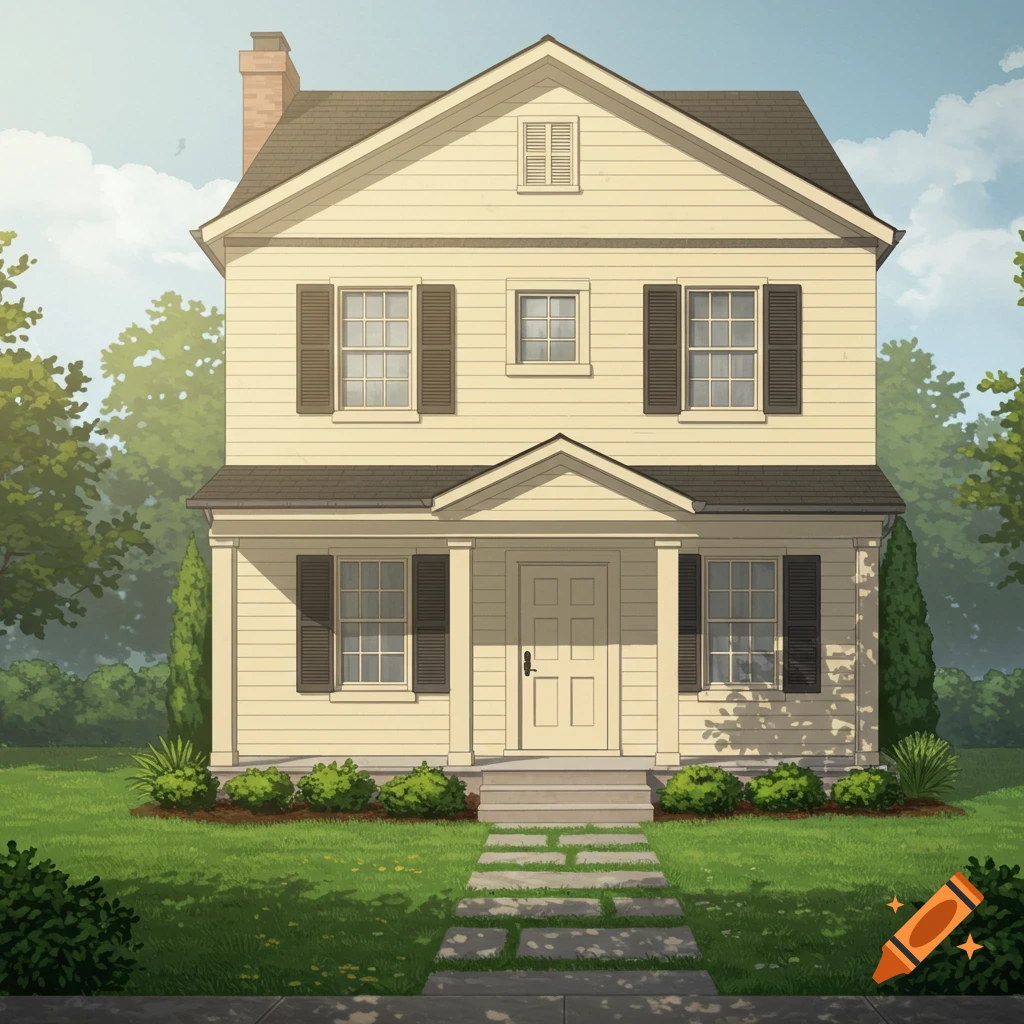 A two-story, light yellow house with dark shutters and a front porch, surrounded by a green lawn and trees under a blue sky.