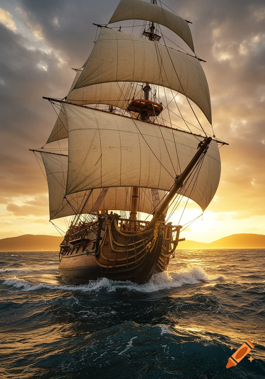 A photorealistic 18th-century sailing ship with full sails cresting waves at sunset, with distant mountains under a cloudy sky.