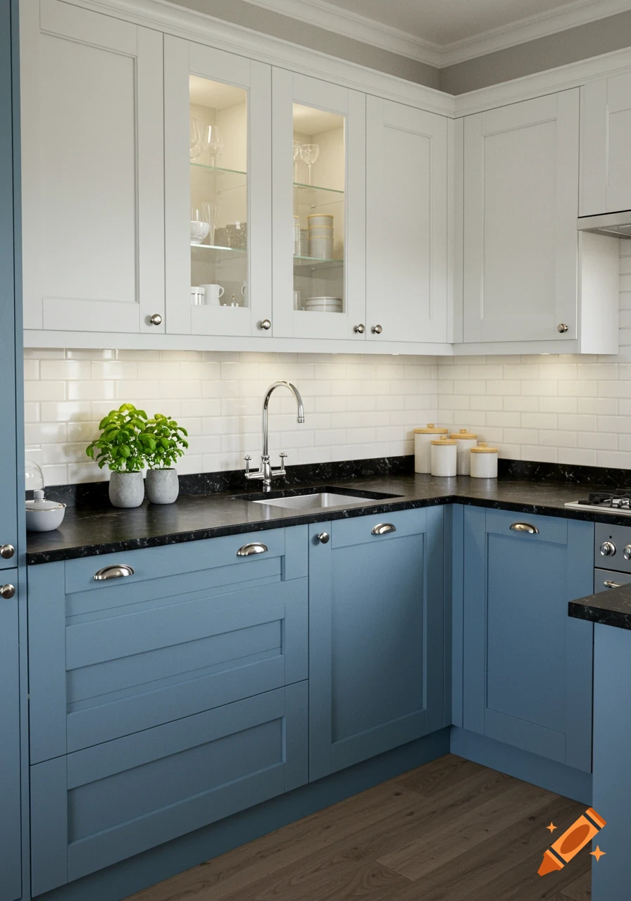 A modern kitchen with blue lower cabinets, white upper cabinets, black countertops, a white subway tile backsplash, and a wooden floor.