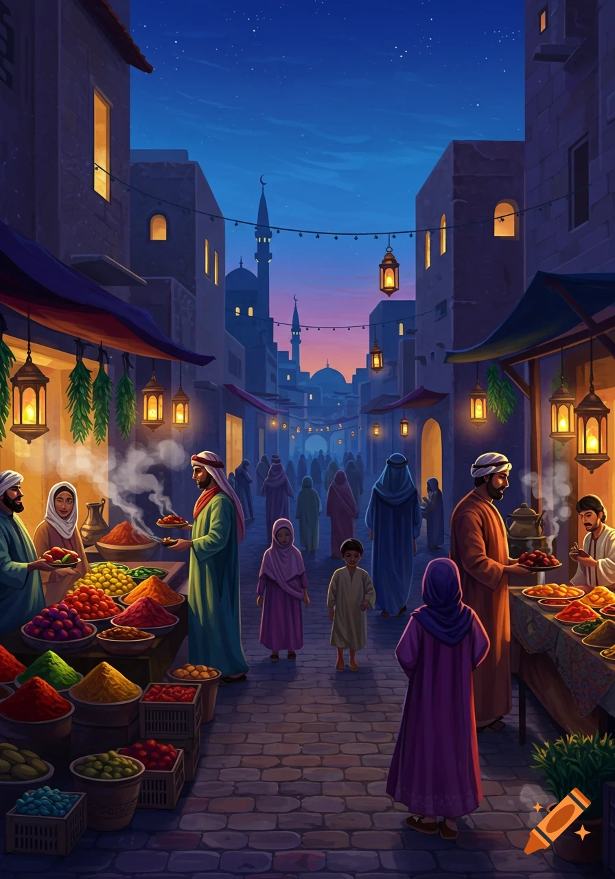 Vibrant Middle Eastern market at dusk, people shop at stalls with colorful spices and goods under glowing lanterns.