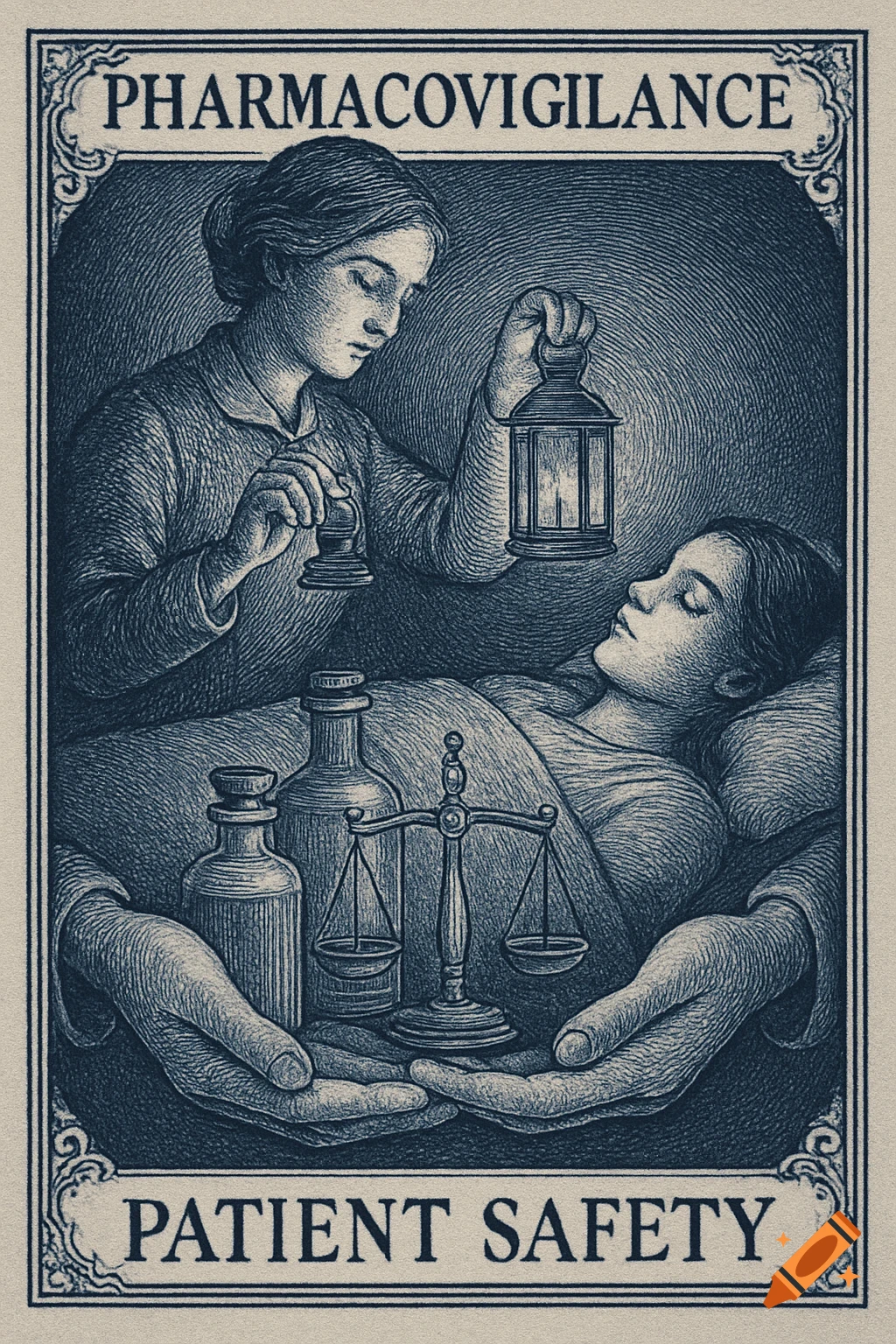 Vintage engraving of a physician with a lantern watching over a patient, with hands cradling apothecary items and scales. Text: Pharmacovigilance and Patient Safety.