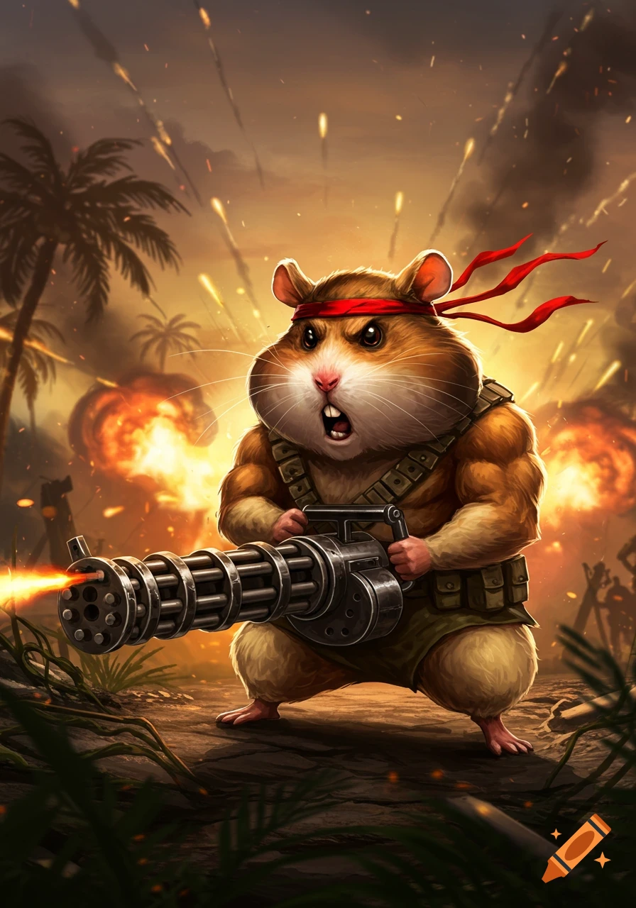 A muscular hamster with a red headband and military gear fires a minigun in a jungle warzone with explosions.
